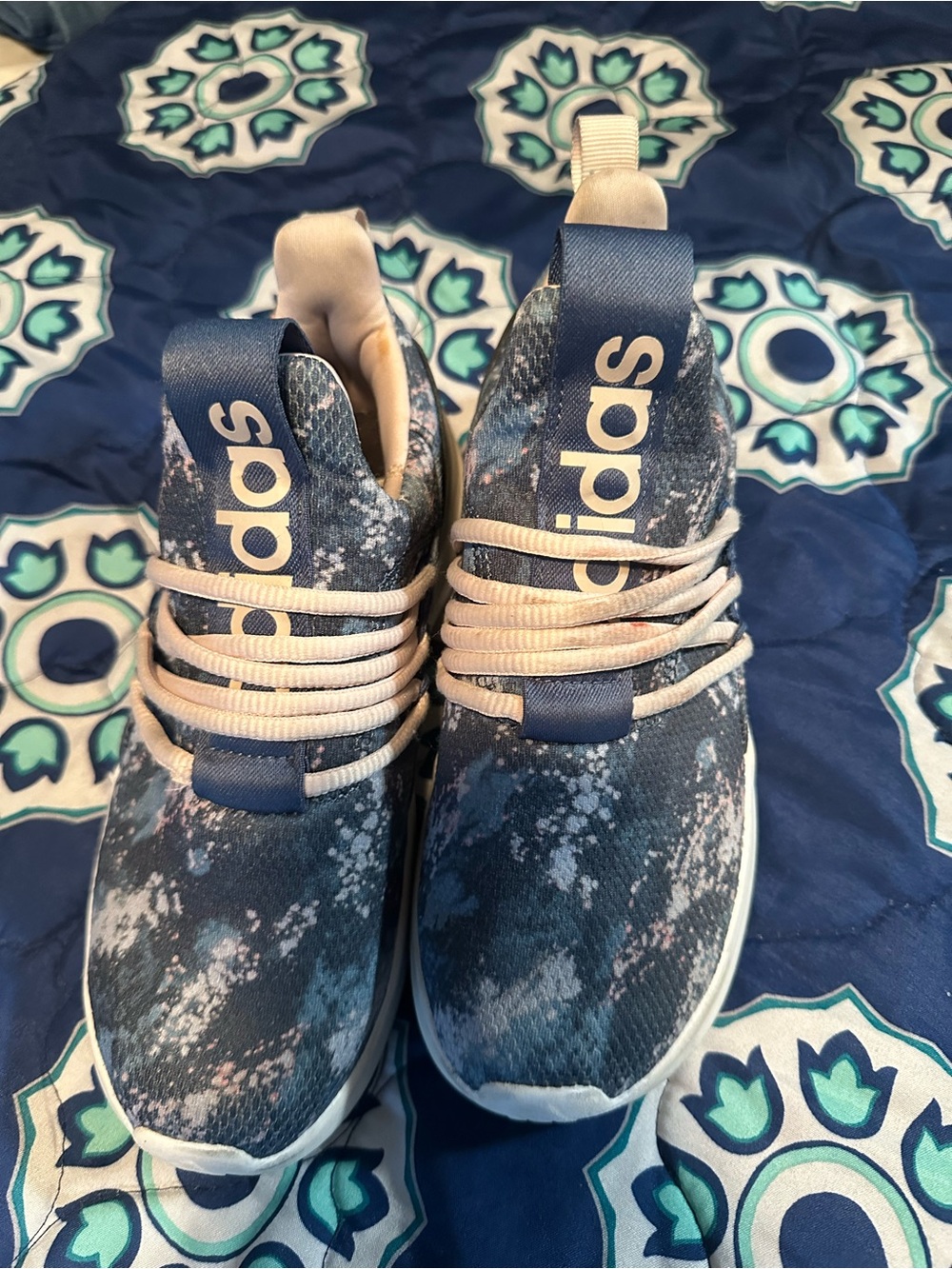 adidas Kids Navy Blue Patterned Slip-On Sneakers with Cream Laces